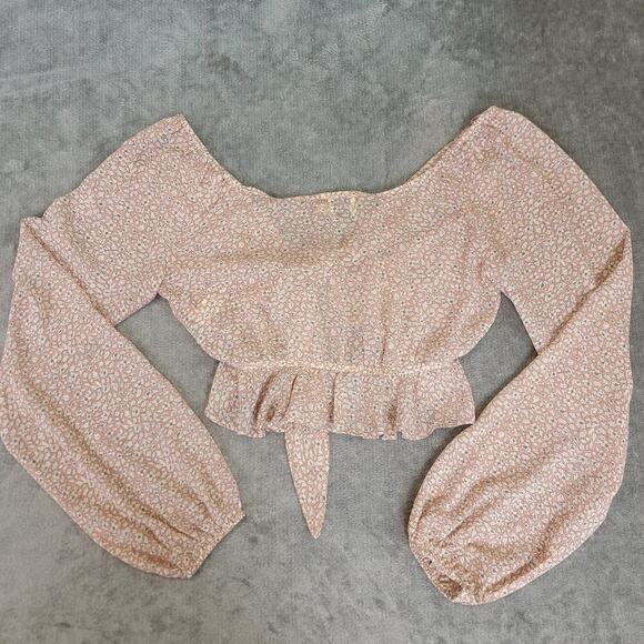 Polly Floral Crop Top 6 Sheer Puff Sleeve Tie Front Romanticcore - Picture 2 of 8